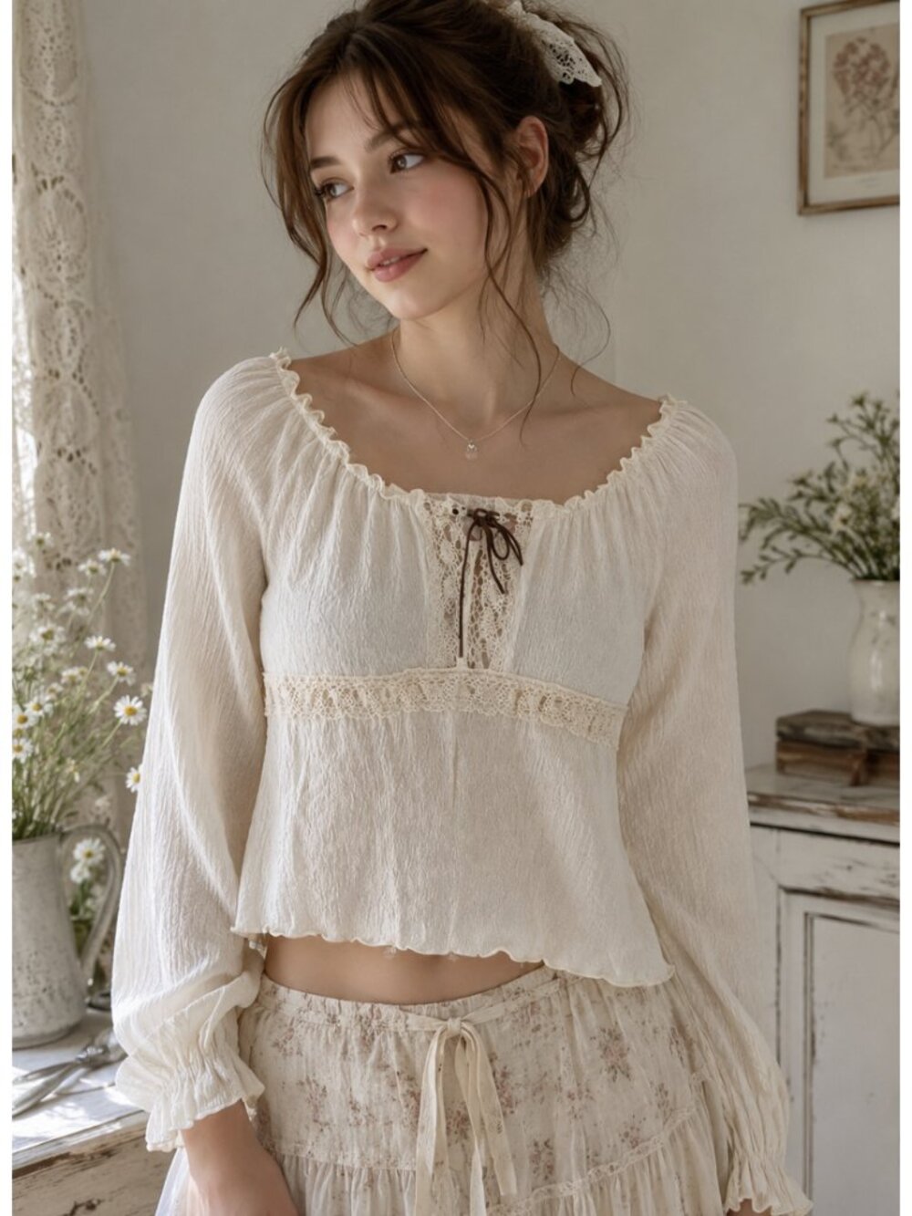 VINTAGE XHILIRATION Milkmaid Cottagecore Top Cream XL Coquette Boho Renaissance - Picture 1 of 11